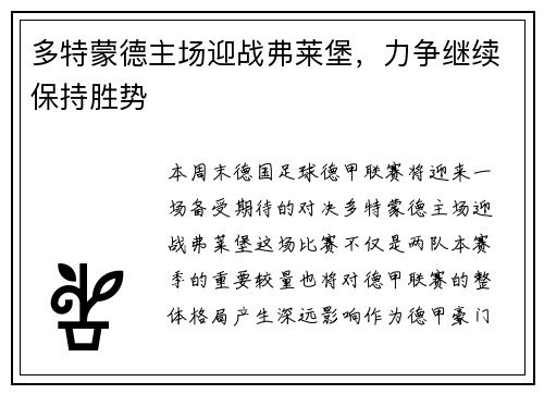 多特蒙德主场迎战弗莱堡，力争继续保持胜势